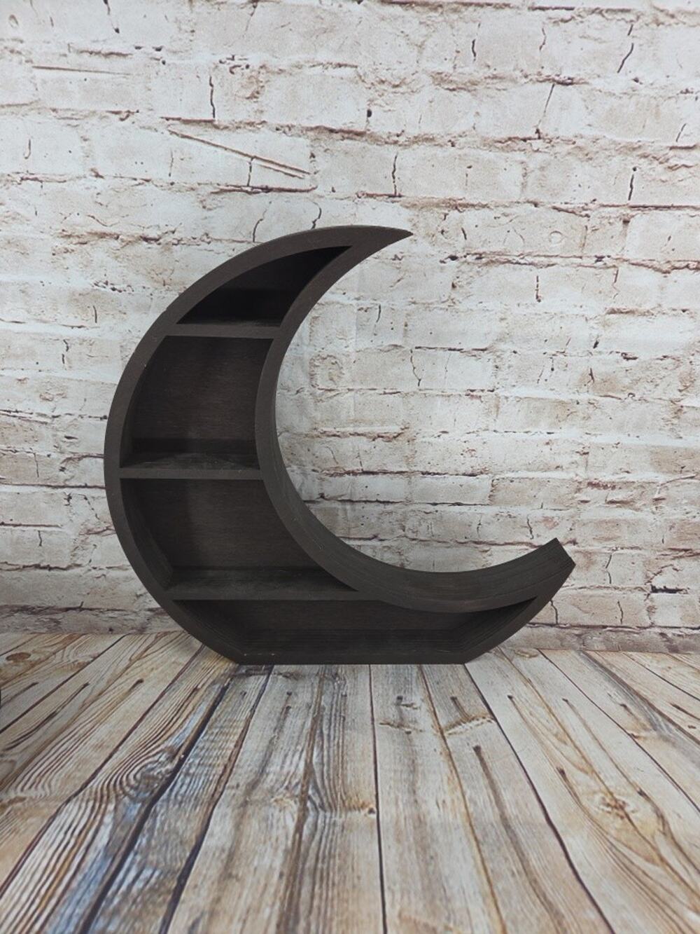 Wooden Crescent Moon Curio Shelf Display 15” X 15”x 2” wide Crystals Trinkets